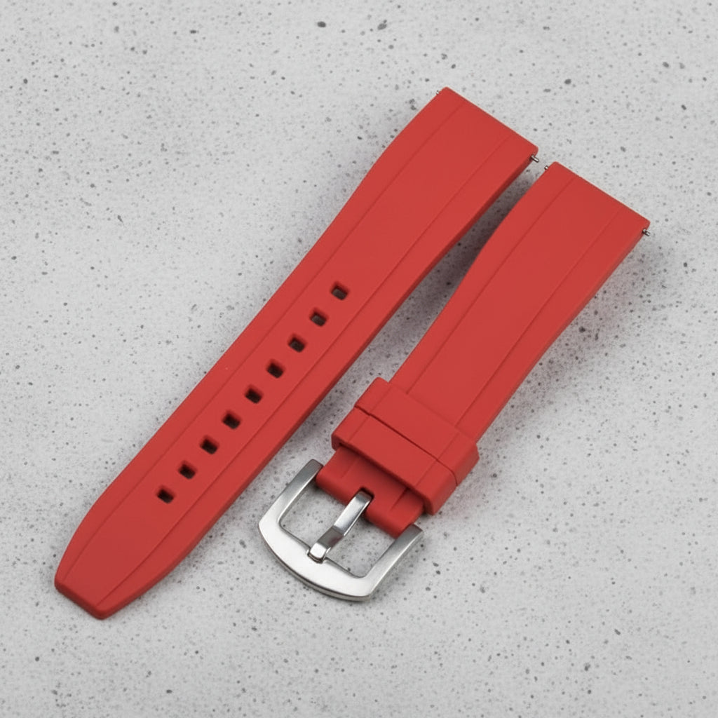 Red watch strap with silver buckle