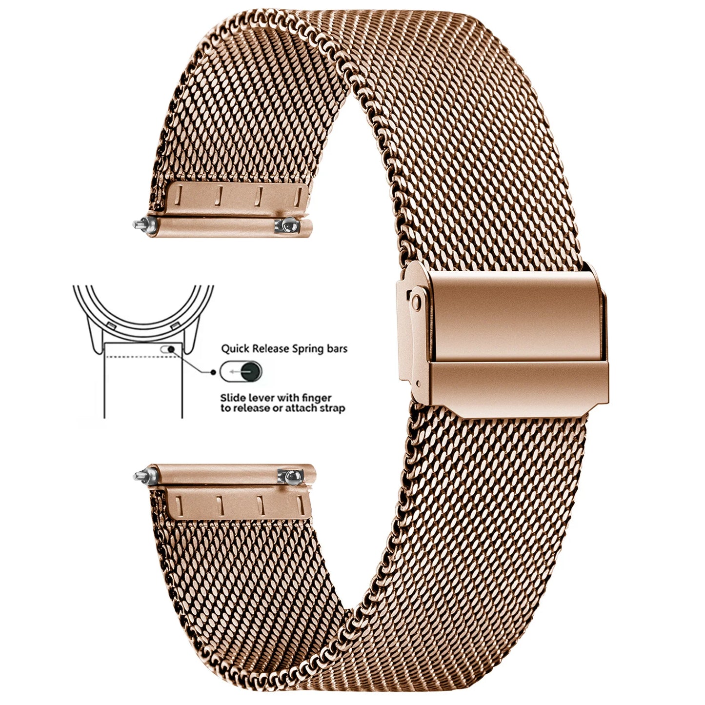 Rose gold coloured watch strap with quick release mechanism