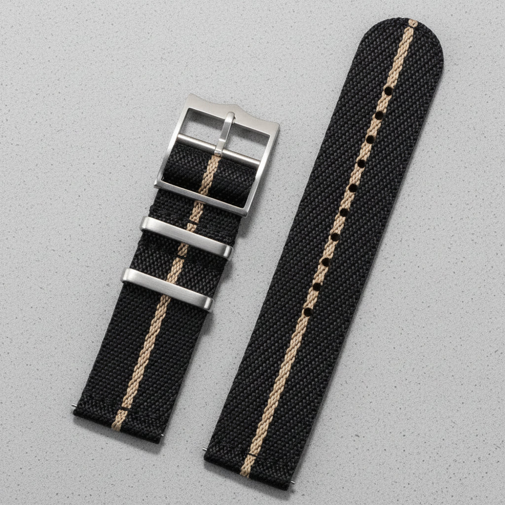 Black and beige striped nylon watch strap with silver pointed buckle 