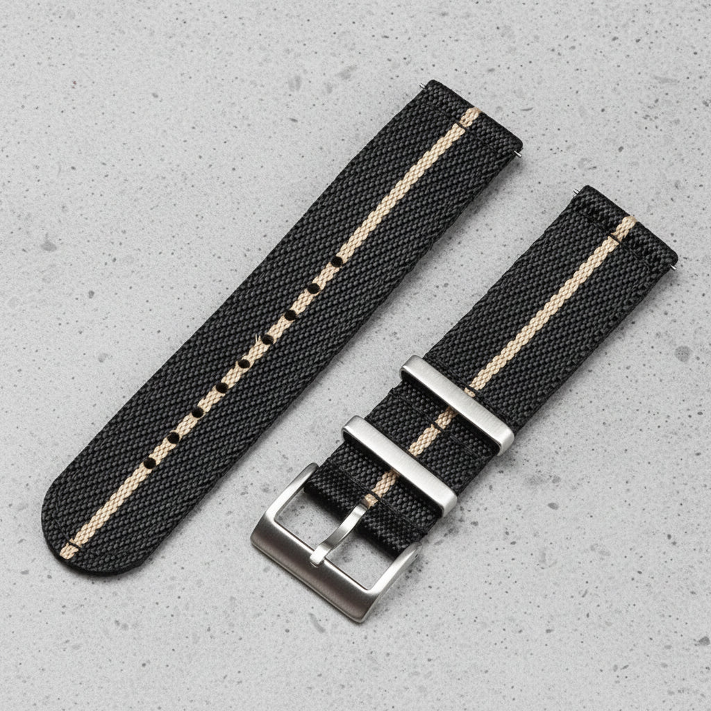 Black and beige striped nylon watch strap with silver straight buckle 