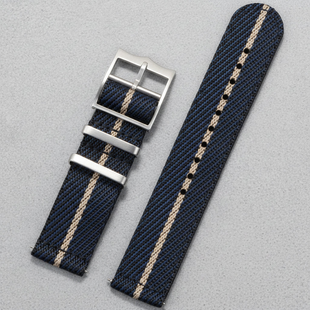 Blue and beige striped nylon watch strap with silver pointed buckle 