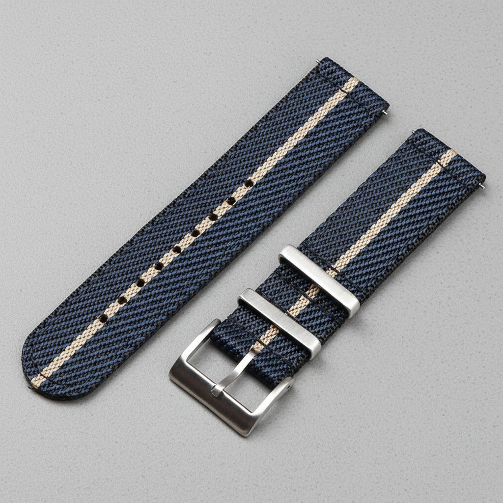 Blue and beige striped nylon watch strap with silver straight buckle 