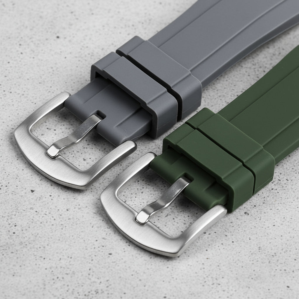 Two watch straps, one gray and one green, with metal buckles