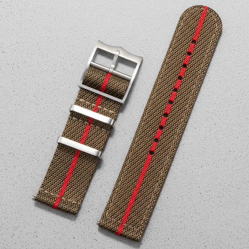 Green and red striped nylon watch strap with silver pointed buckle 