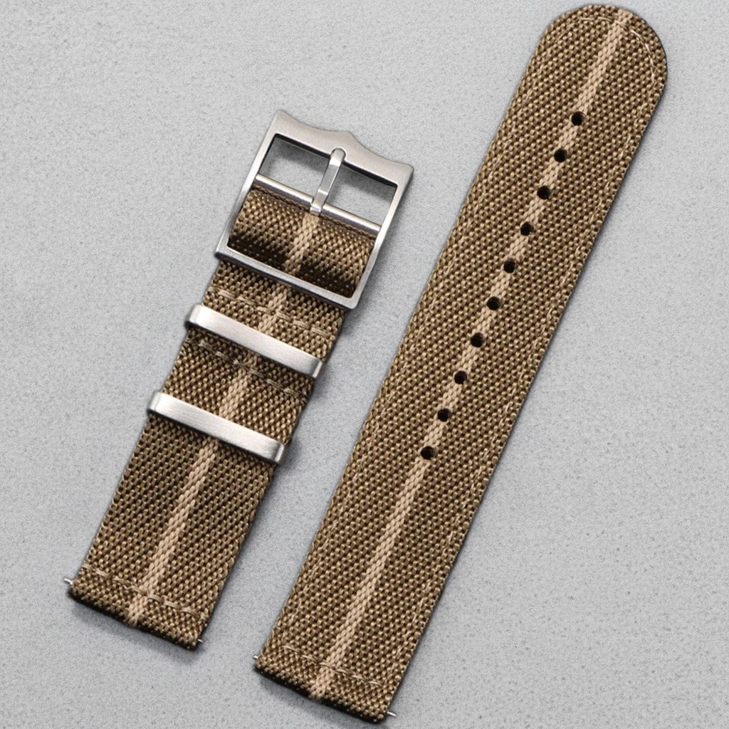 Greenyellow and beige striped nylon watch strap with silver pointed buckle 