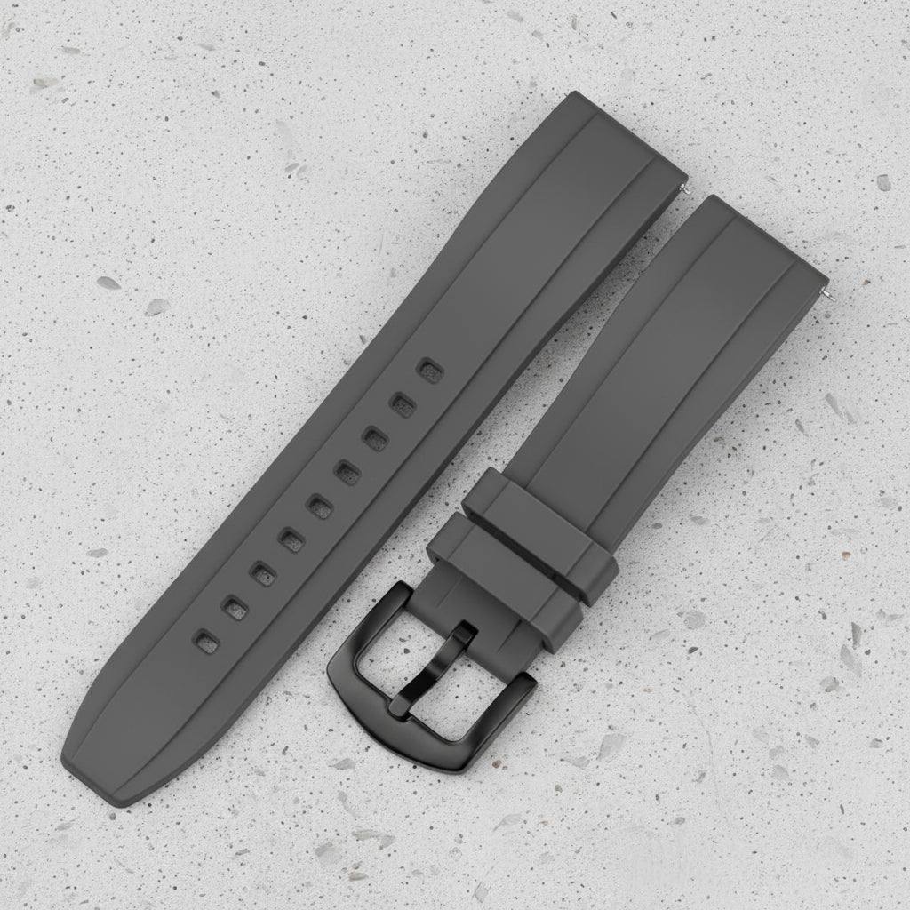 Gray watch strap with black buckle

