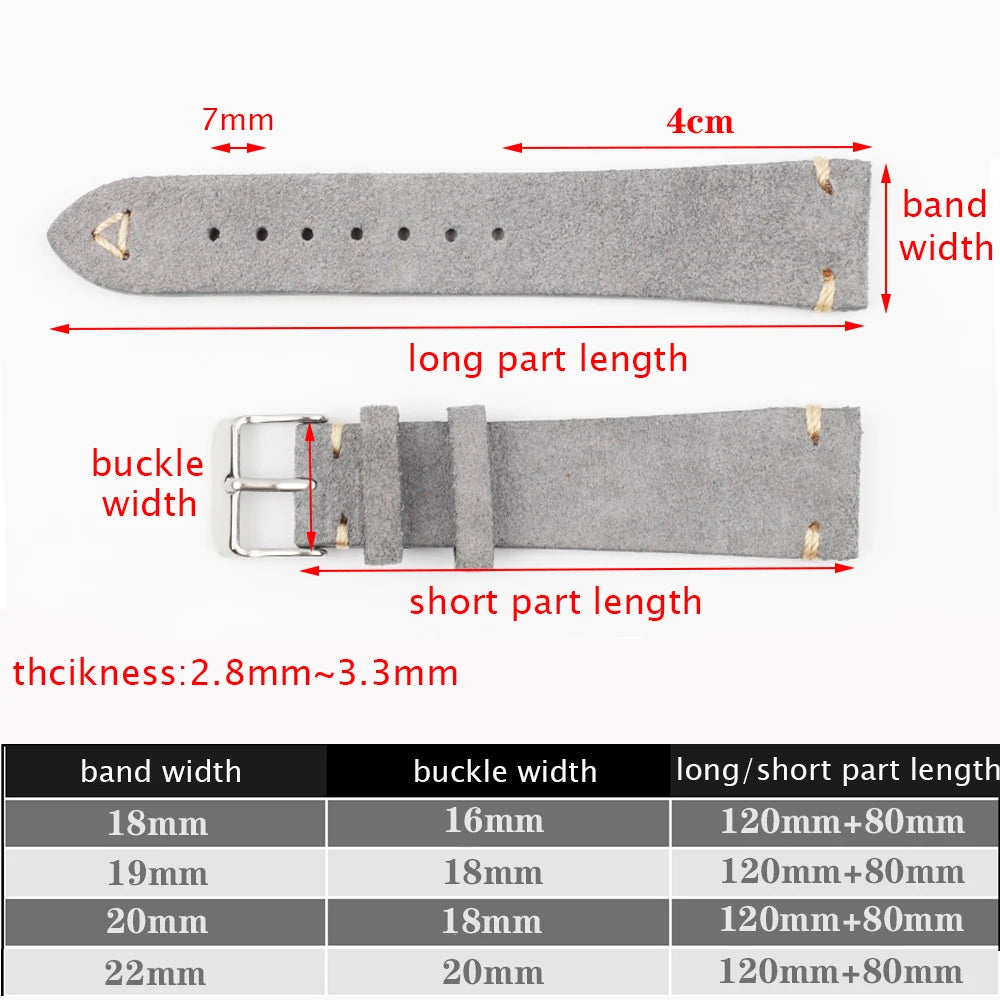 Gray suede watch strap with measurements and specifications 
