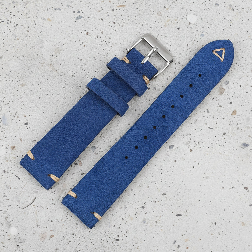 Blue suede watch strap with silver buckle 