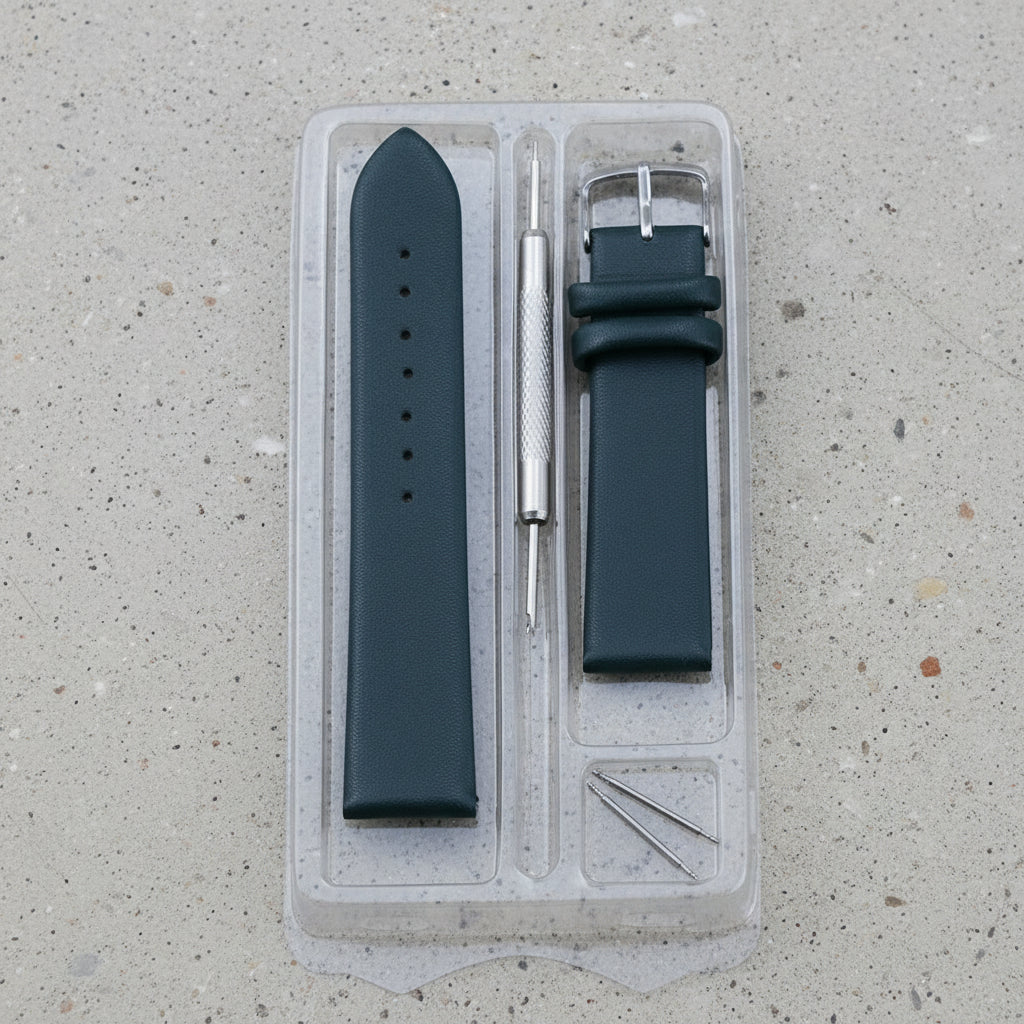 Green leather watch strap set with tool