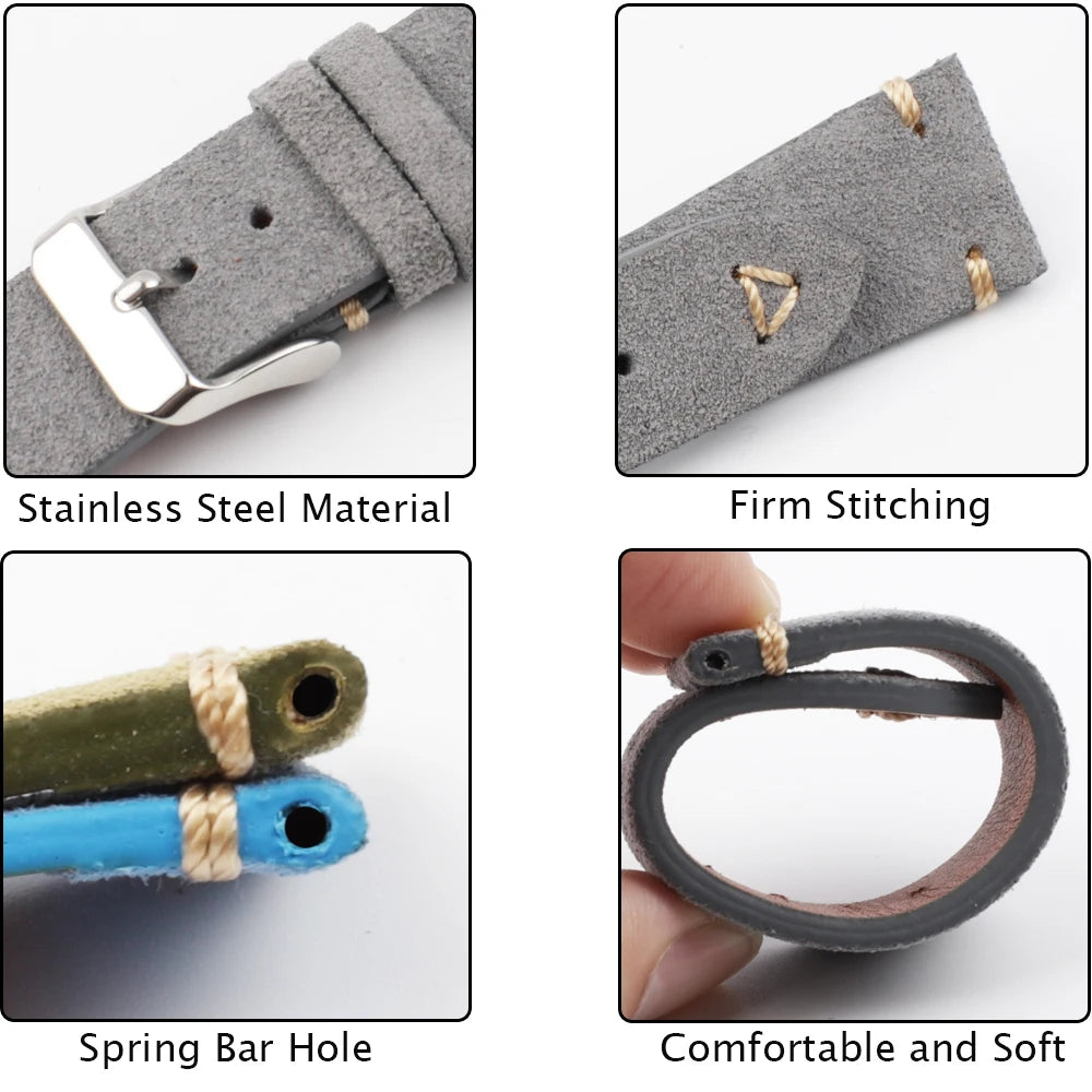 Gray suede watch strap with stainless steel material, firm stitching, spring bar hole, and comfortable soft texture.