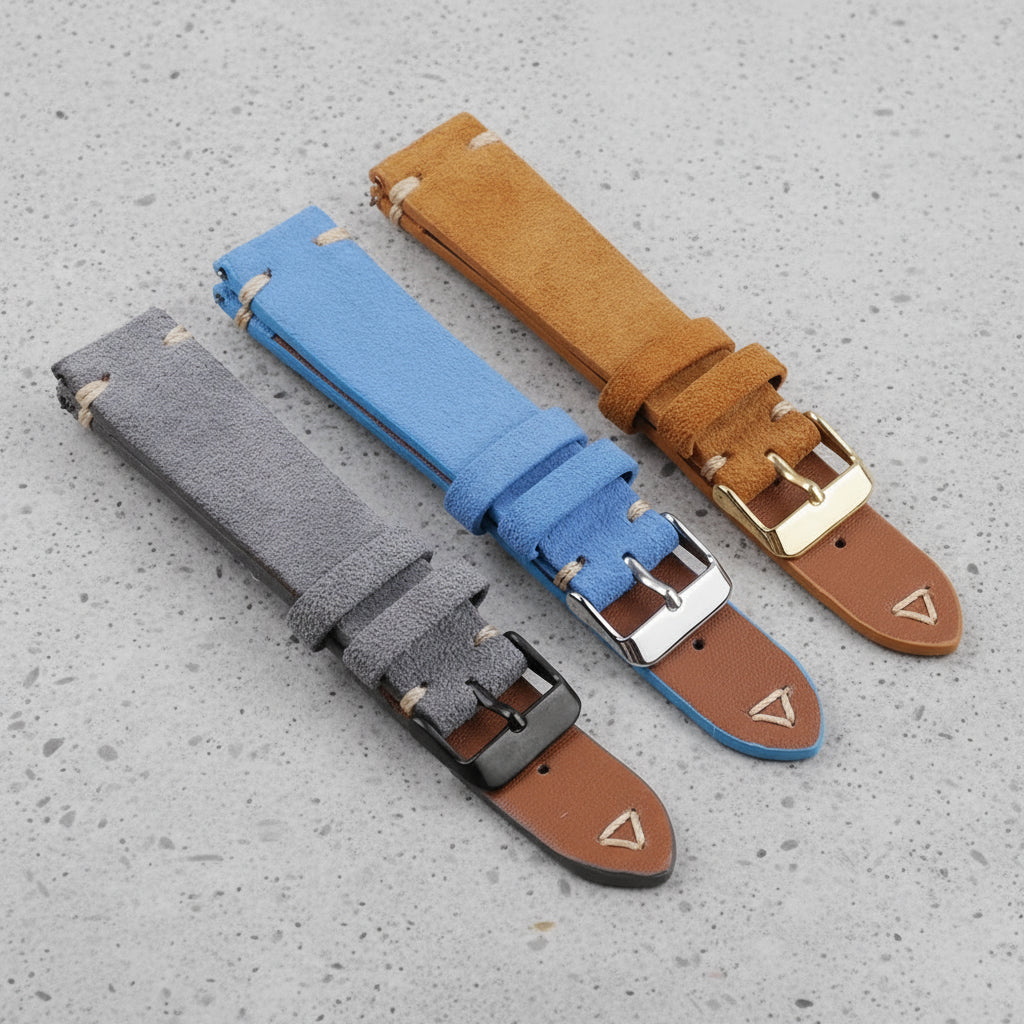 Three suede watch straps in gray, blue, and brown 