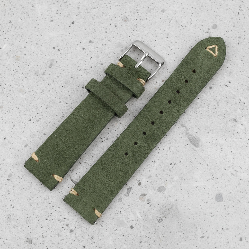 Green suede watch strap with silver buckle 