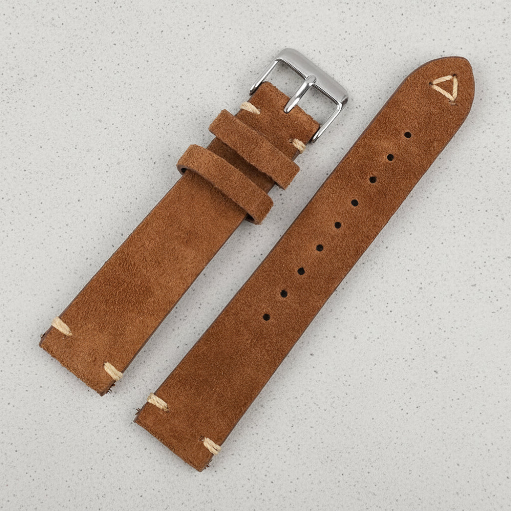 Brown suede watch strap with silver buckle 