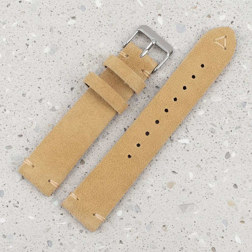 Beige suede watch strap with silver buckle 