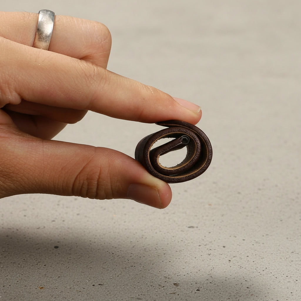 Hand rolling a brown leather strap 