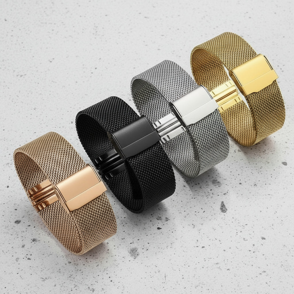 Four mesh watch bands in black, silver, gold, and rose gold