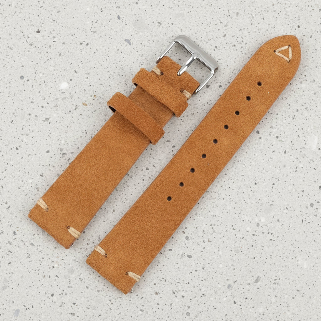 Brown suede leather watch strap with silver buckle 