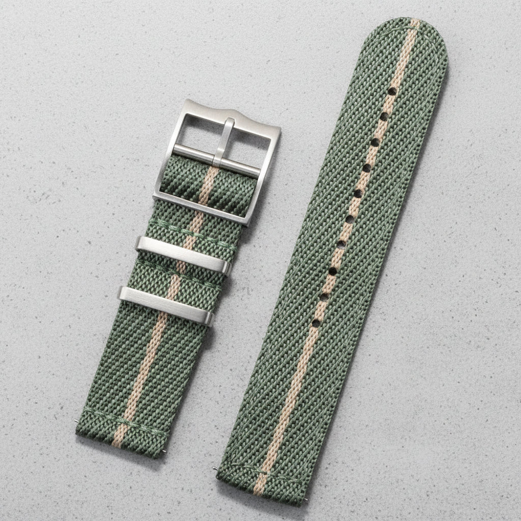 Light green and beige striped nylon watch strap with silver pointed buckle 