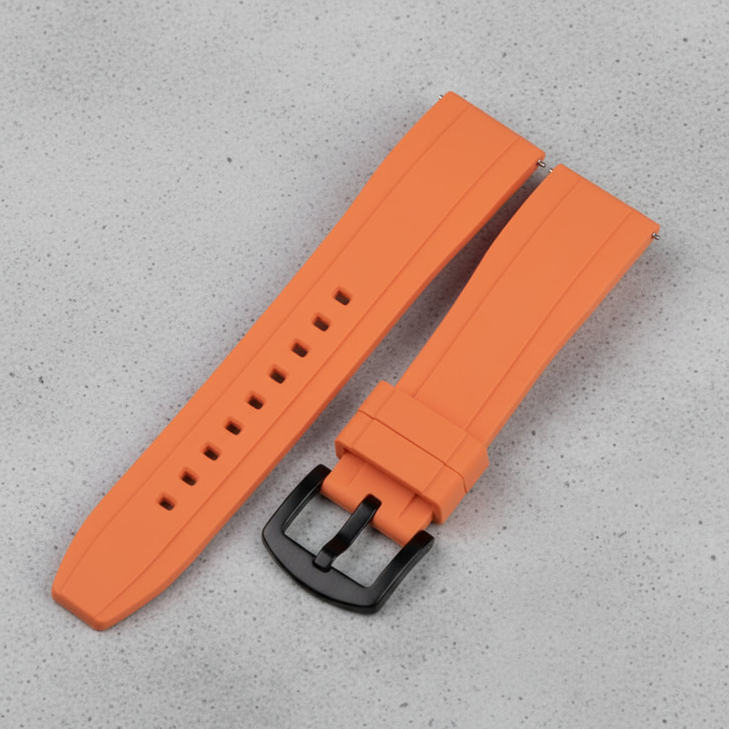 Orange watch strap with black buckle 

