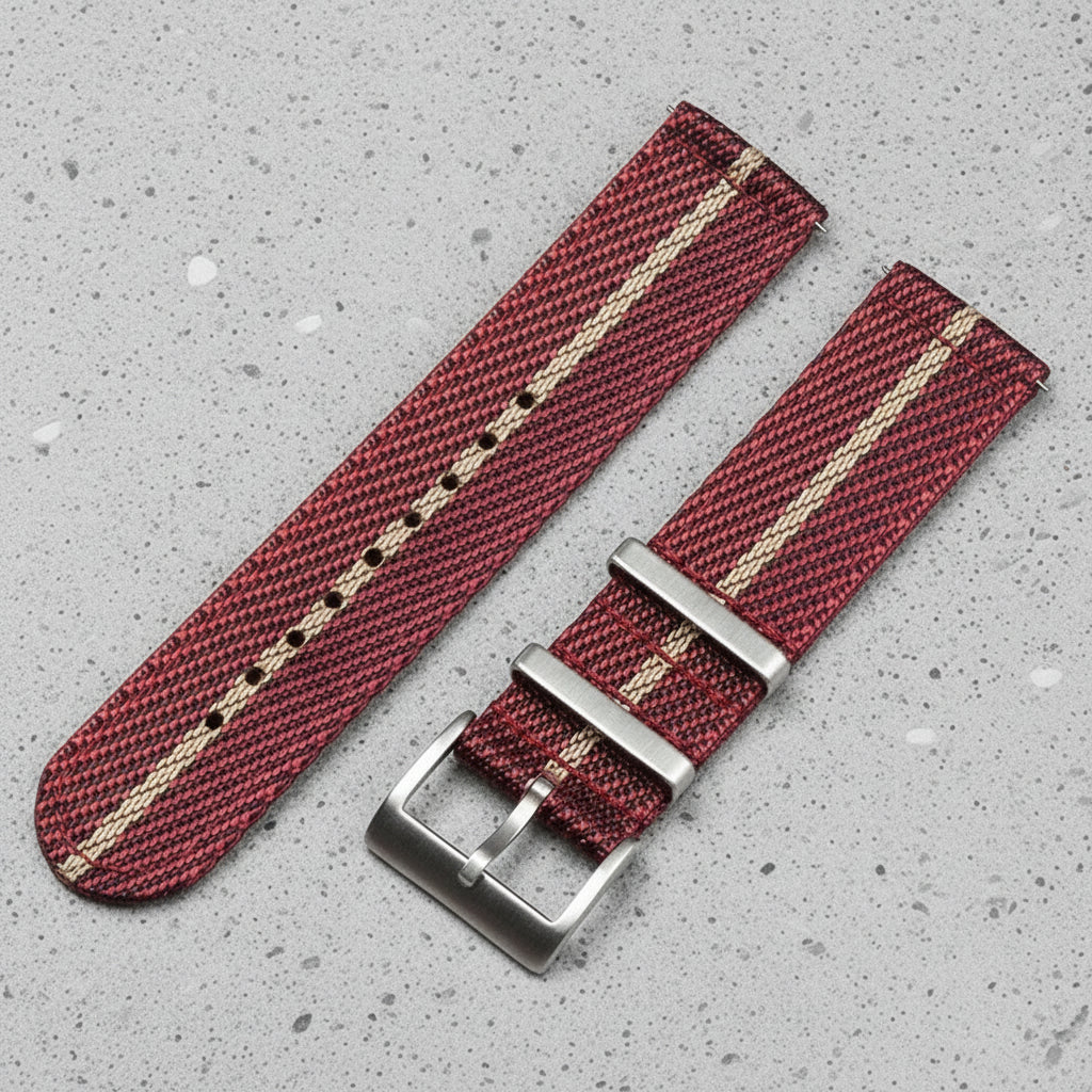 Red and beige striped nylon watch strap with silver straight buckle 