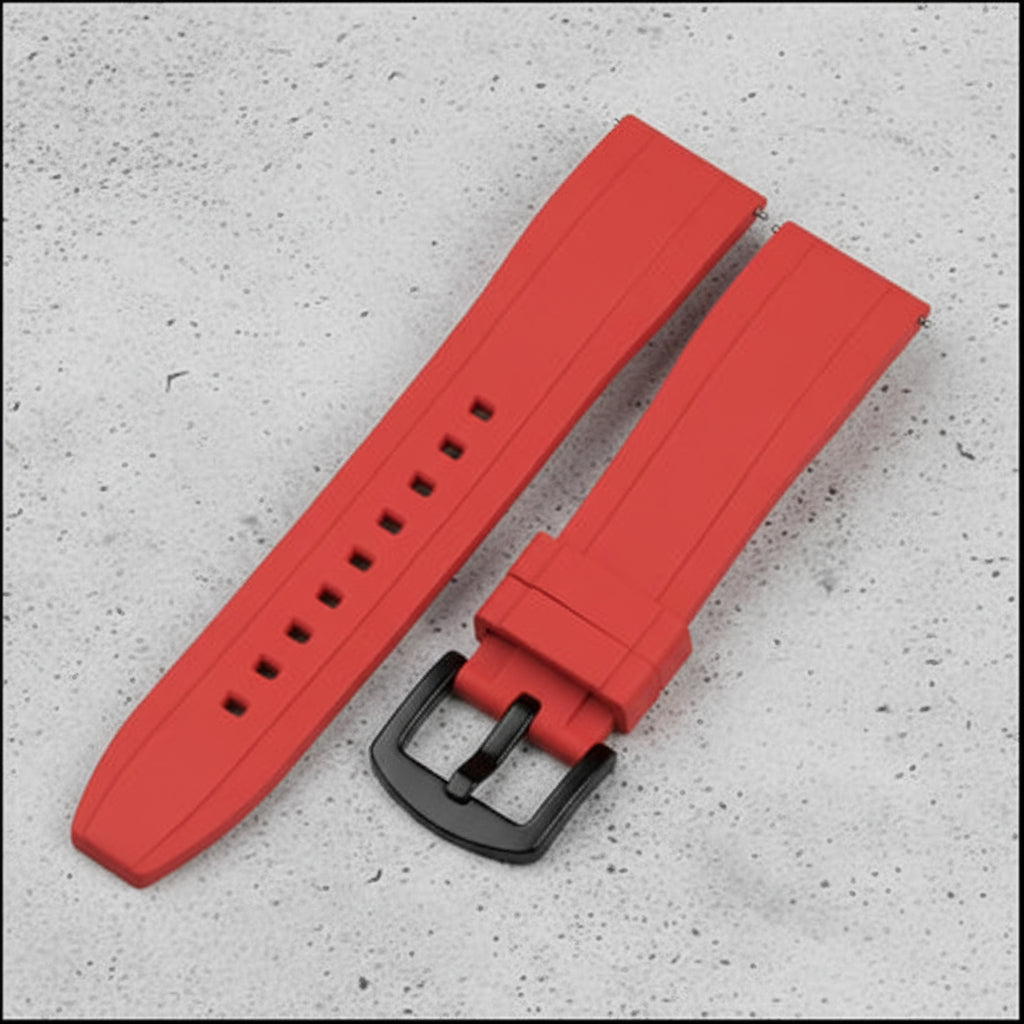 Red watch strap with black buckle