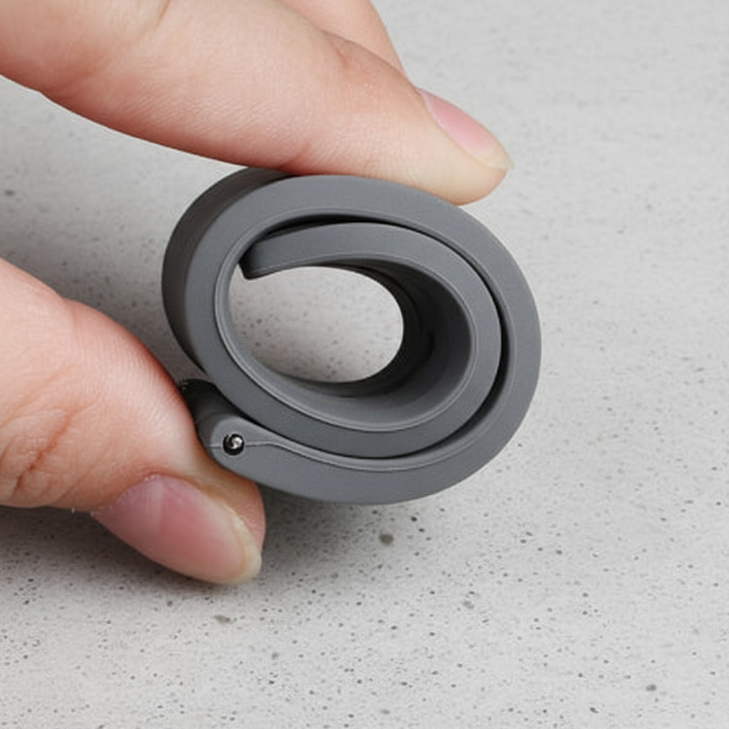 Gray rubber strap held between fingers rolled tightly