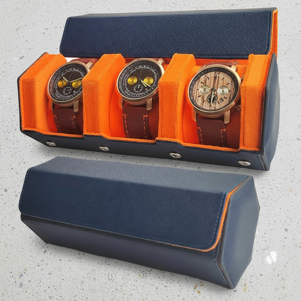 Dark blue leather and orange 3 watch roll