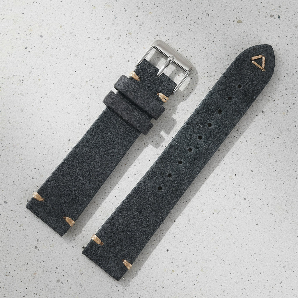 Dark grey suede watch strap with silver buckle