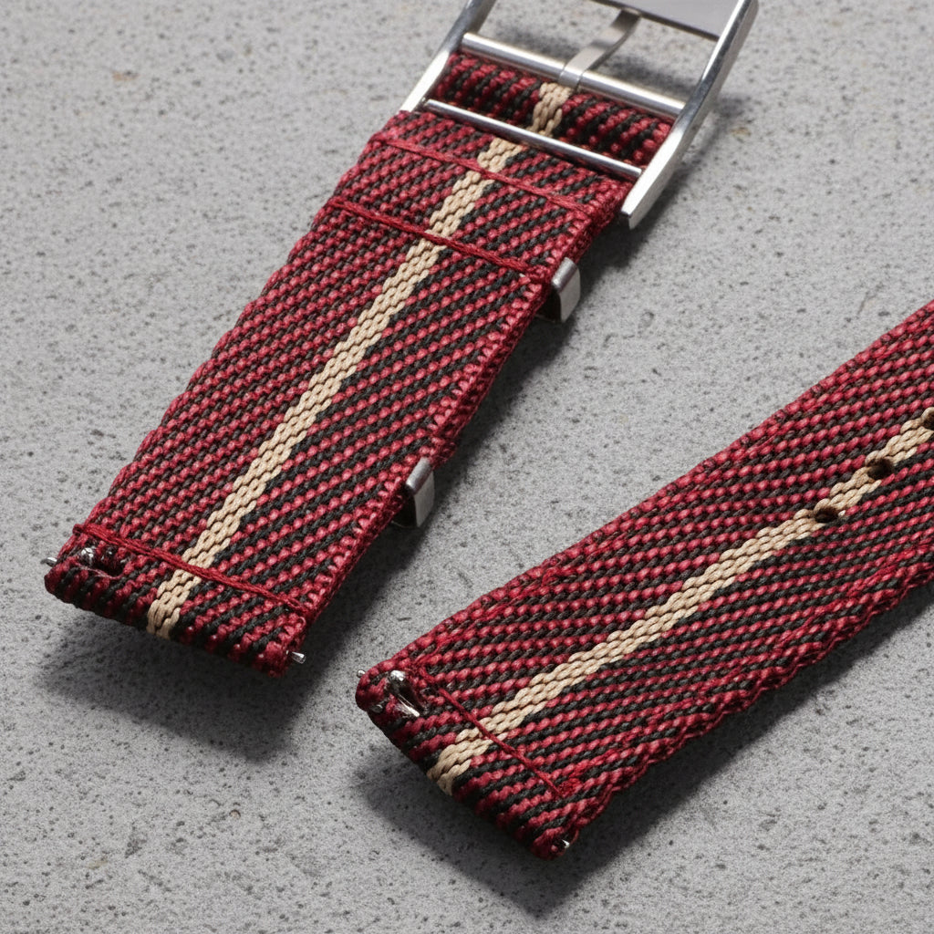 Back of red and beige striped nylon watch strap 