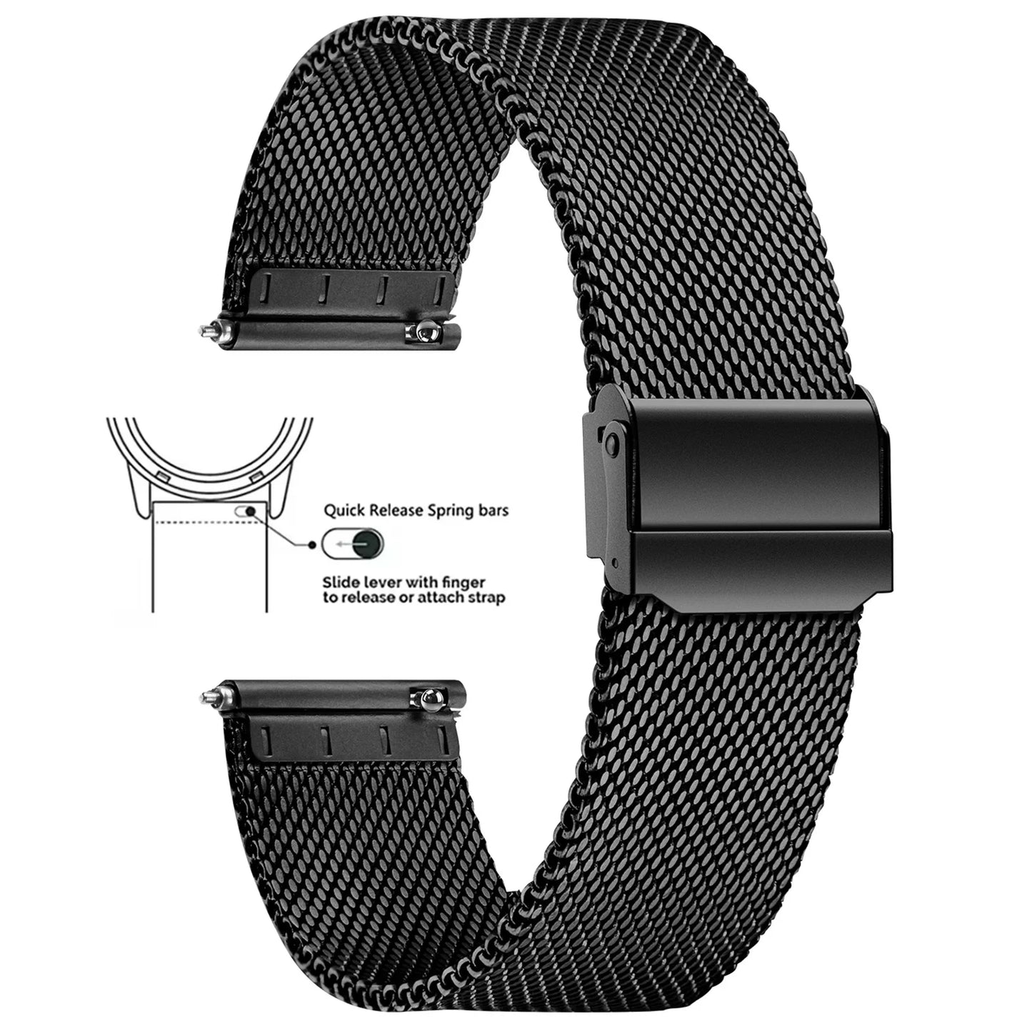 Black mesh watch strap with quick release mechanism 