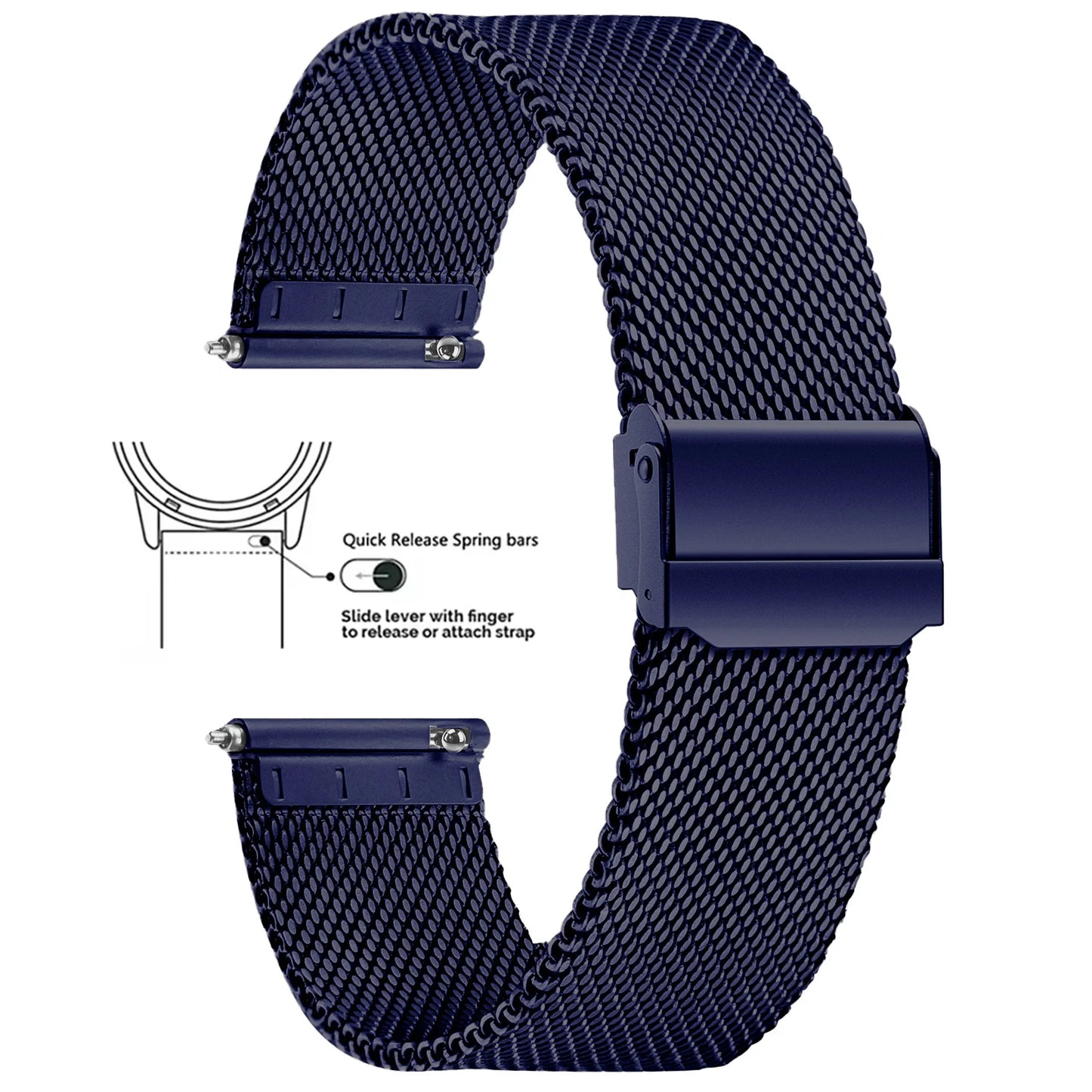 Midnight blue mesh watch strap with quick release mechanism 