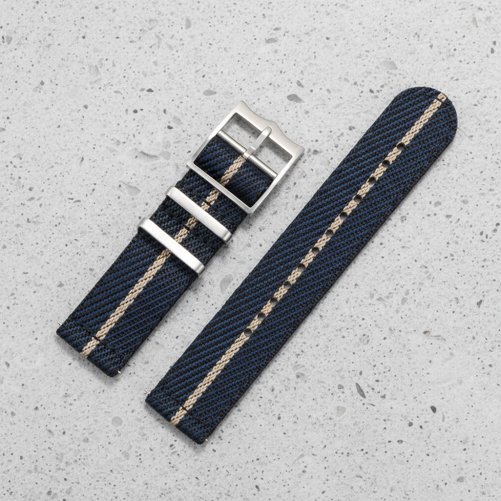 Blue and beige striped nylon watch strap with metal buckle