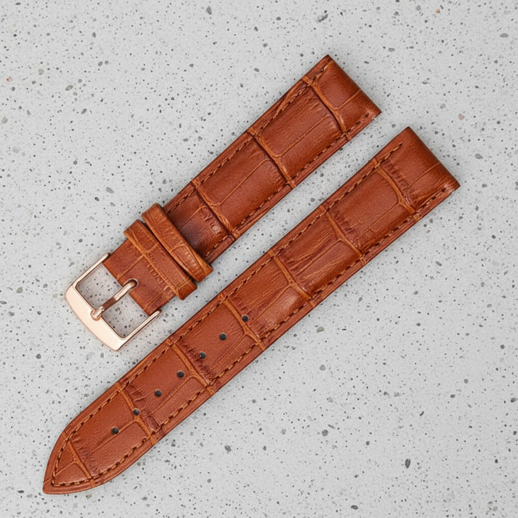 Light brown leather watch strap with rose gold buckle 