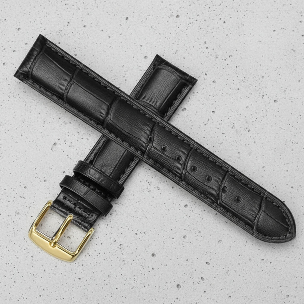 Black leather watch strap with gold buckle 