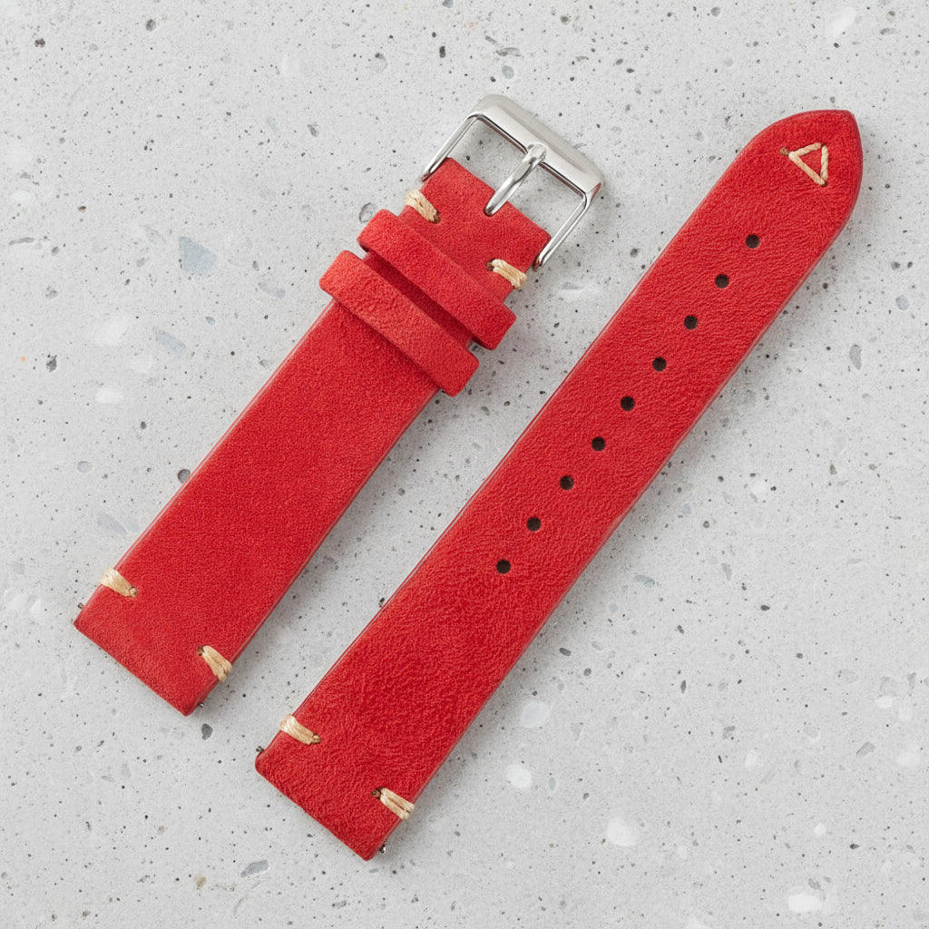 Red suede watch strap with silver buckle 