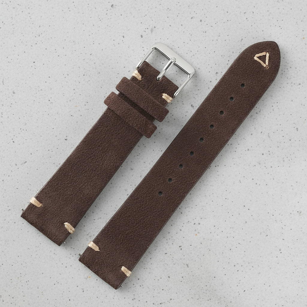 Coffee brown suede watch strap with silver buckle
