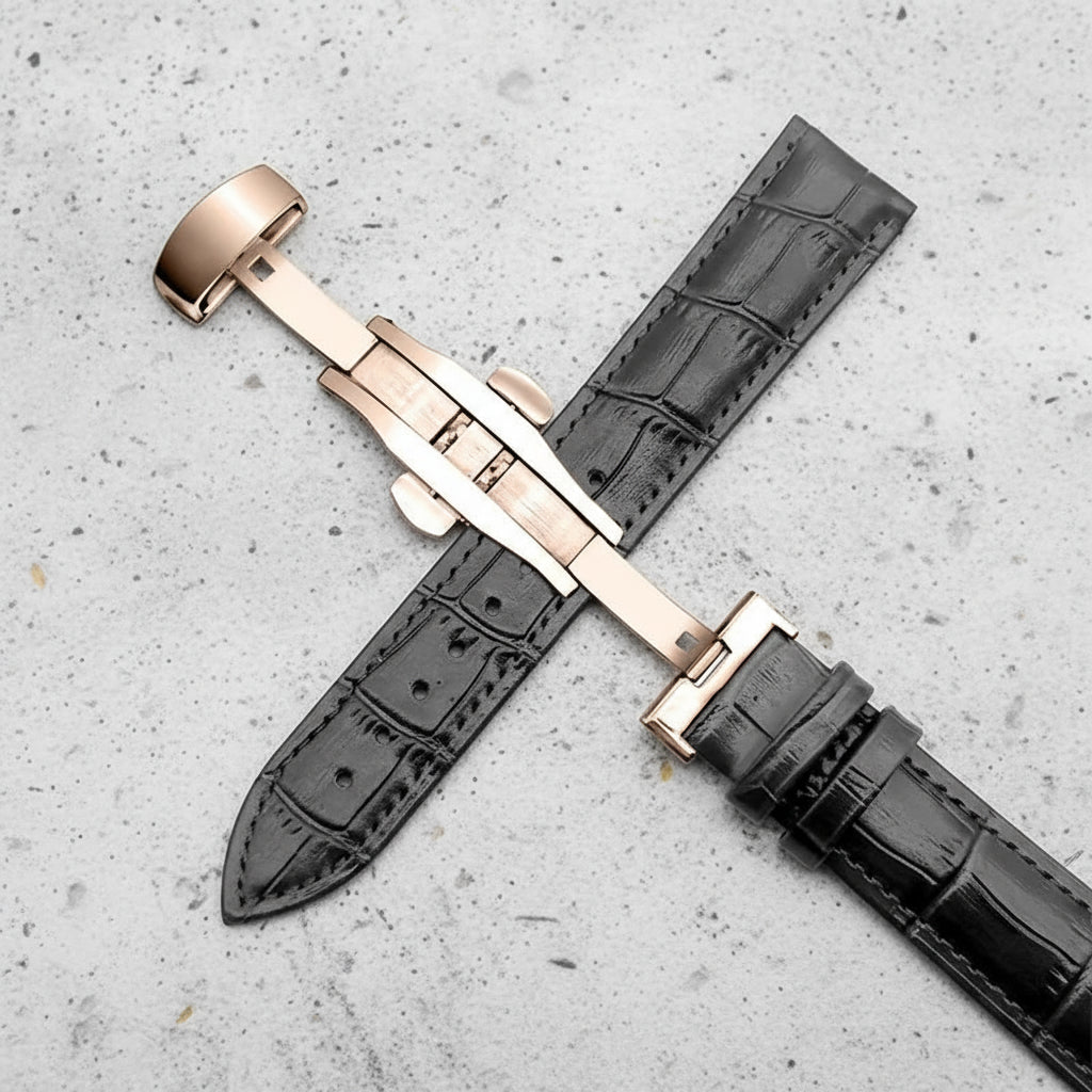 Black crocodile-patterned watch strap with rose gold butterfly clasp 