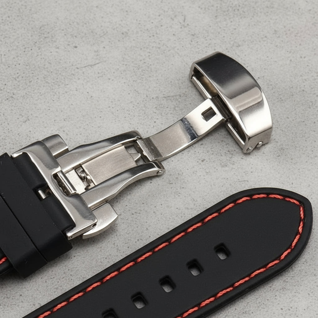 Close-up of a black rubber watch strap with red stitching and silver butterfly clasp