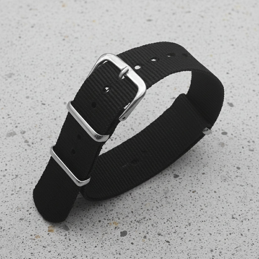 Black nylon watch strap with silver buckle 