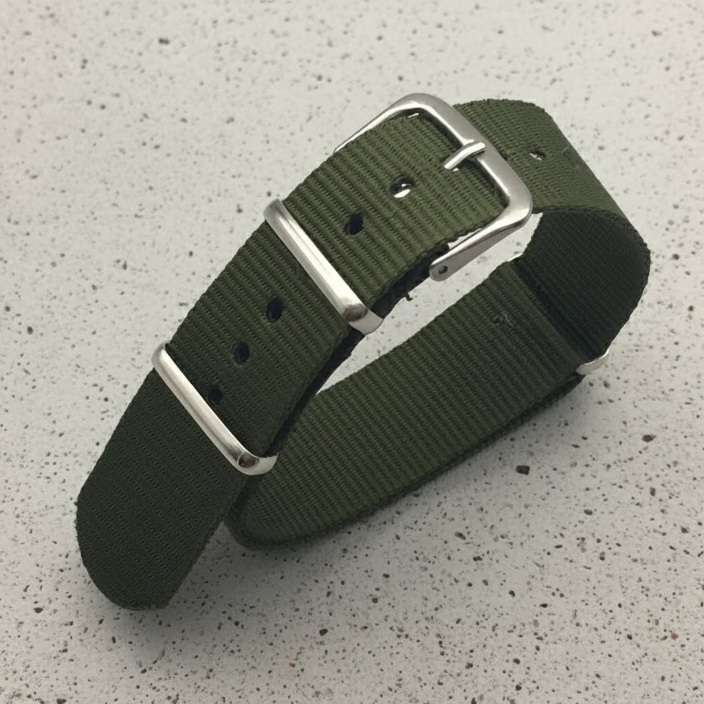 Green nylon watch strap with silver buckle 