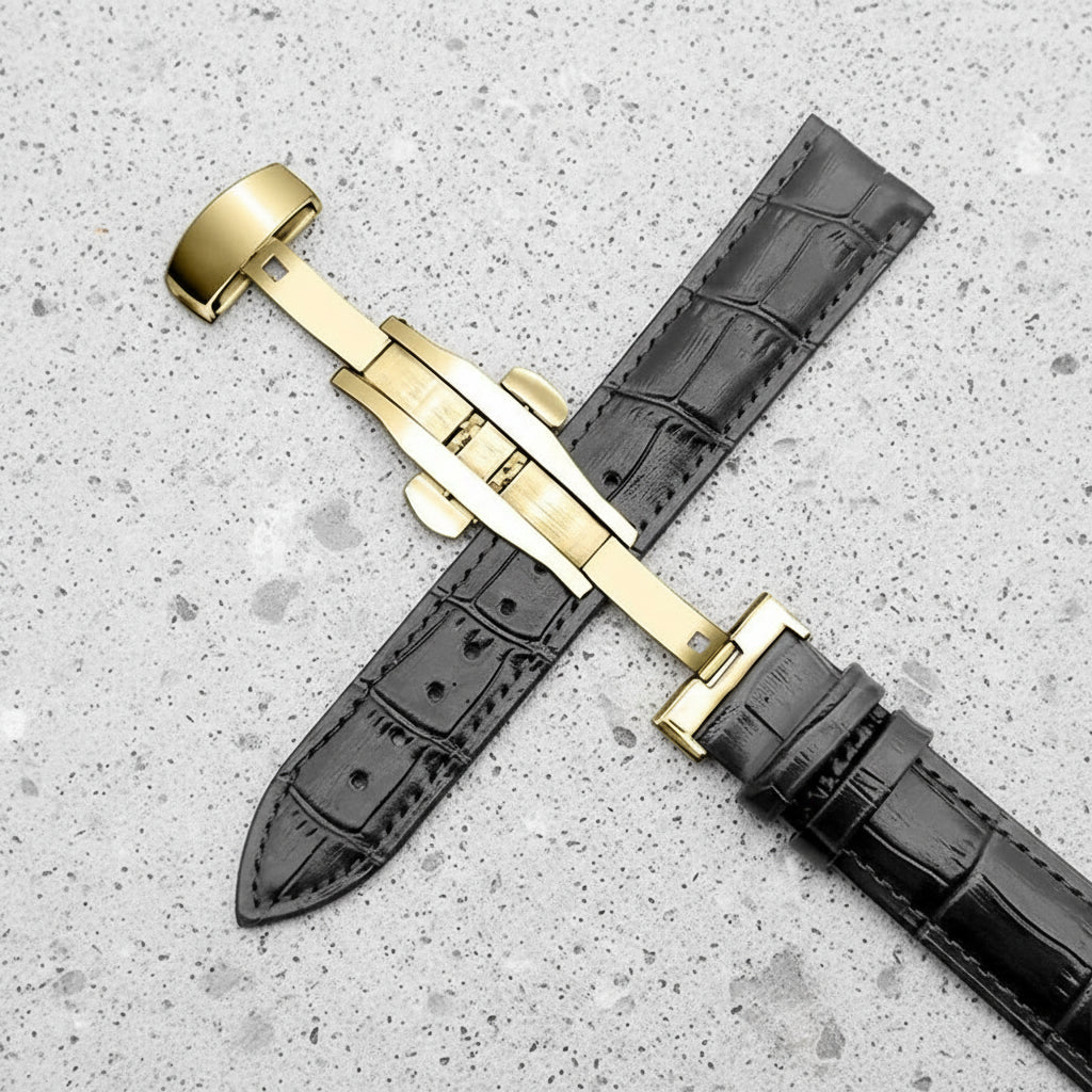 Black crocodile-patterned watch strap with gold butterfly clasp 