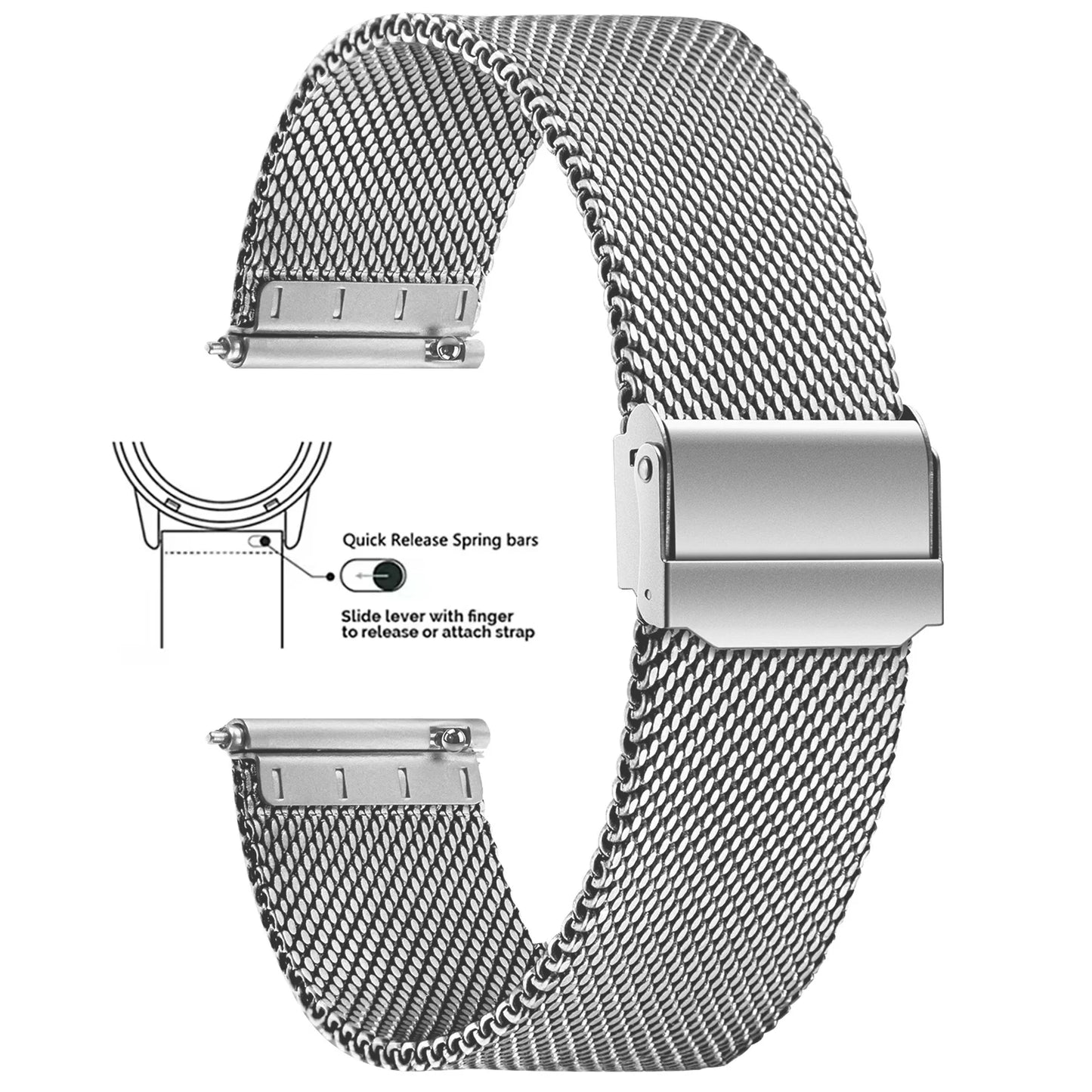 Silver mesh watch strap with quick release mechanism