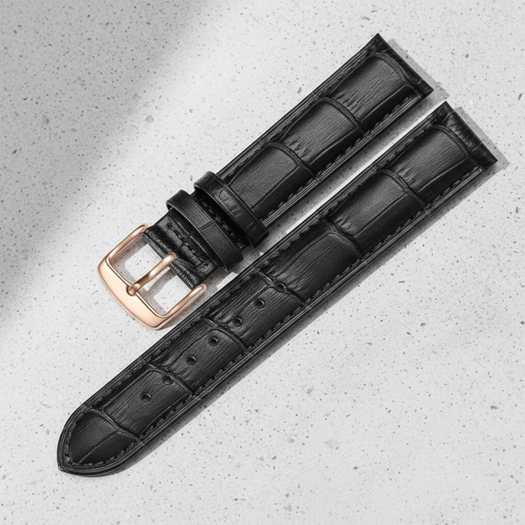 Black crocodile-patterned watch strap with a rose gold buckle 