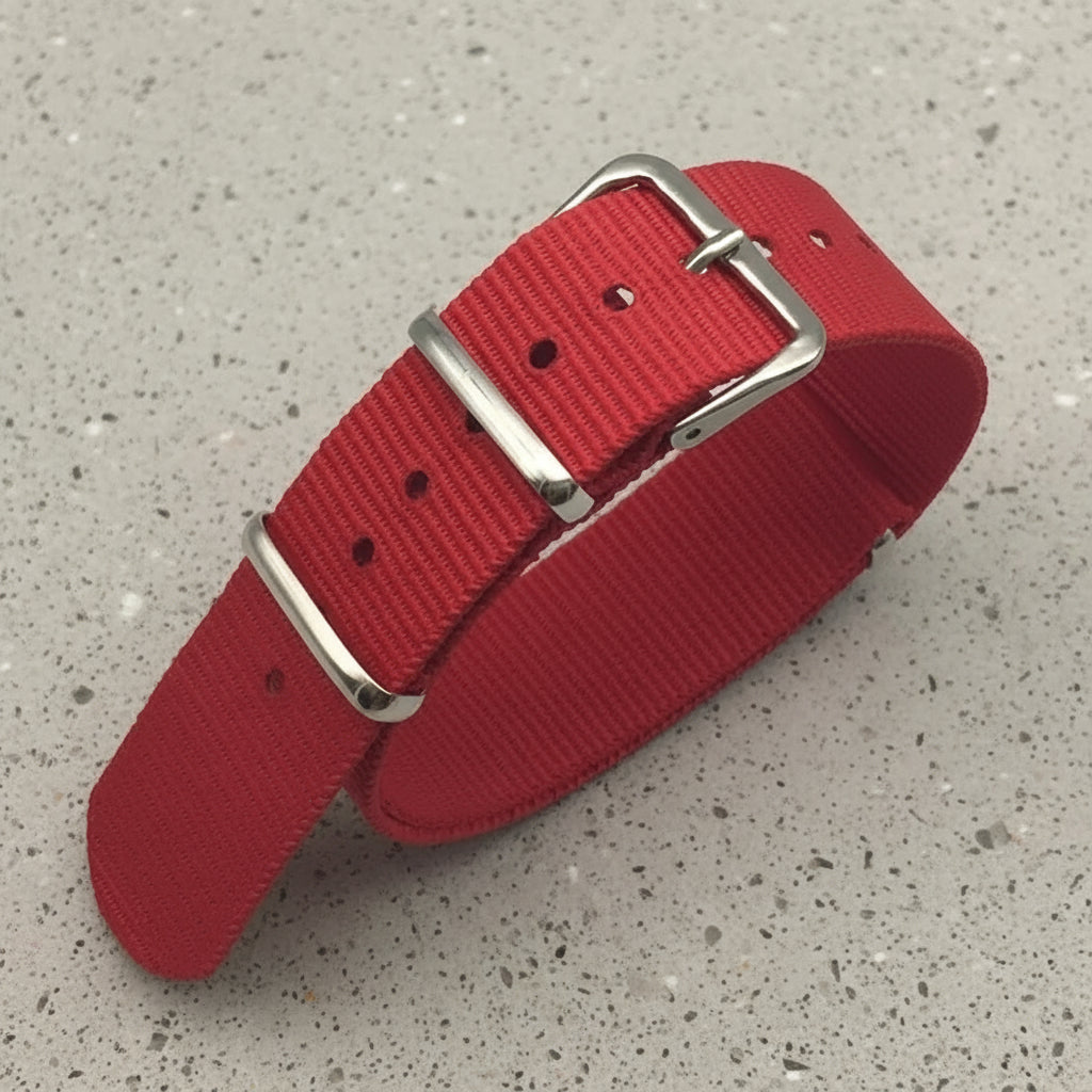 Red nylon watch strap with silver buckle 