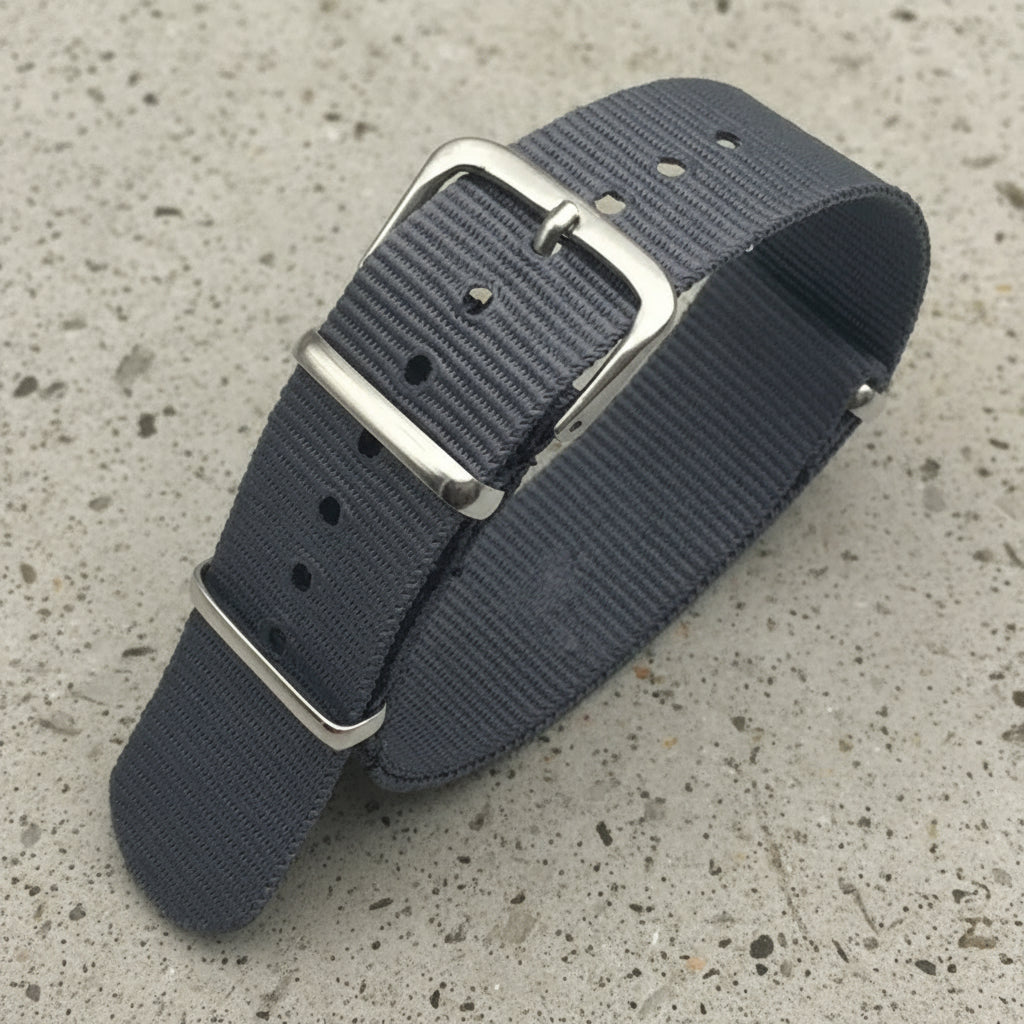 Gray nylon watch strap with silver buckle 