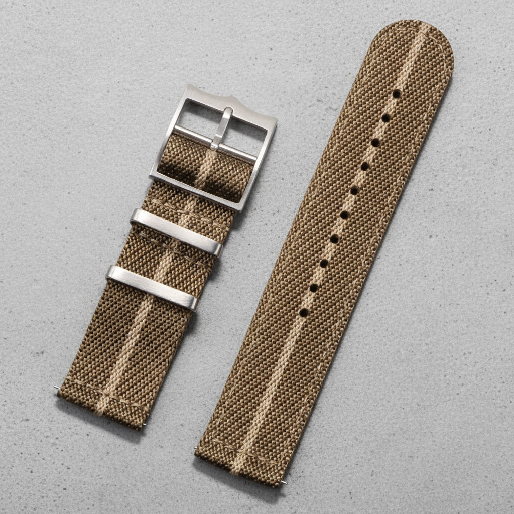 Brown and beige striped nylon watch strap with silver buckle 