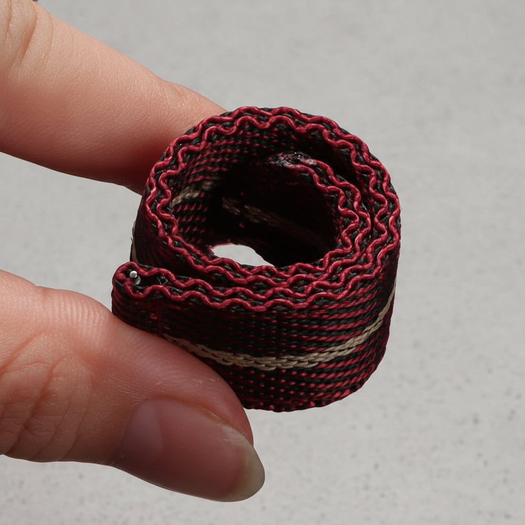 Close-up of a textured red and beige triped nylon strap rolled between fingers 