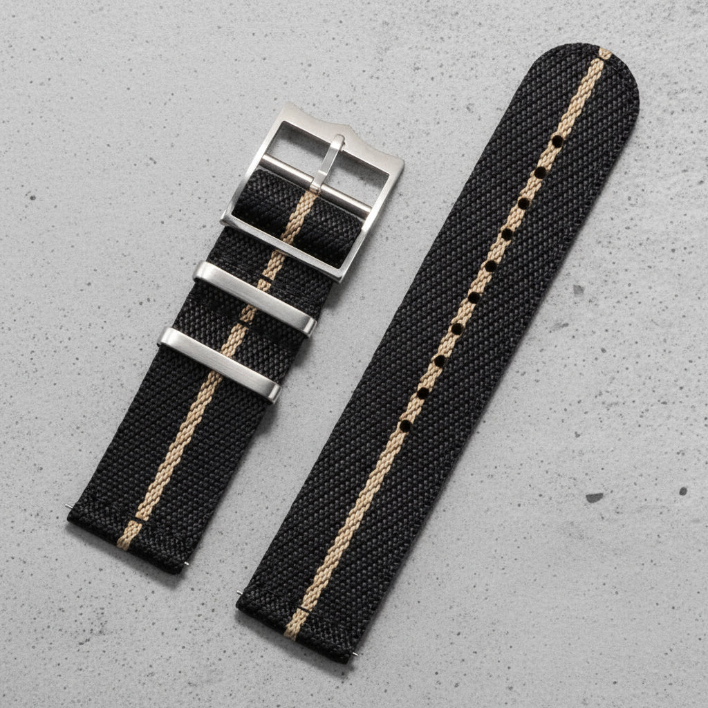 Black and beige striped nylon watch strap with silver buckle 