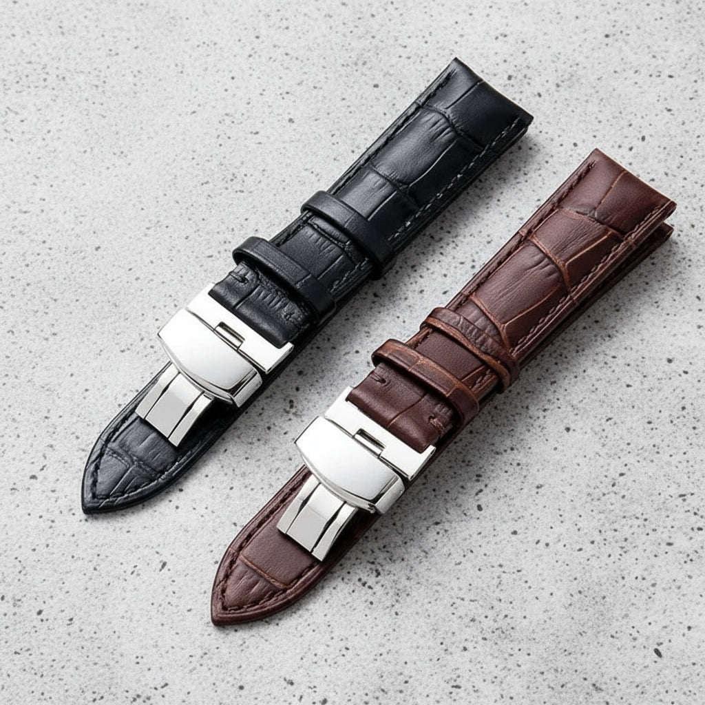 Two leather watch straps, one black and one brown, with silver butterfly buckles 
