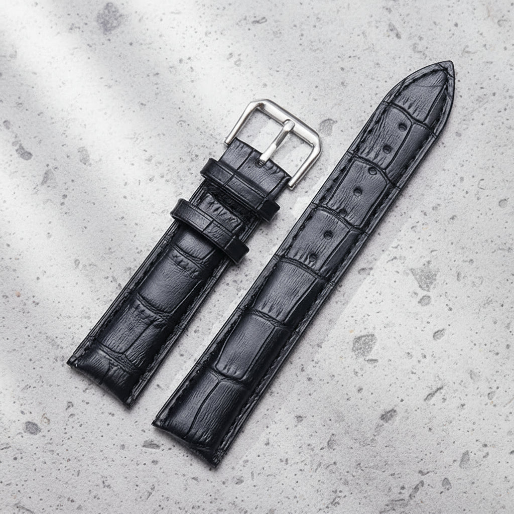Black crocodile-patterned watch strap with silver buckle
